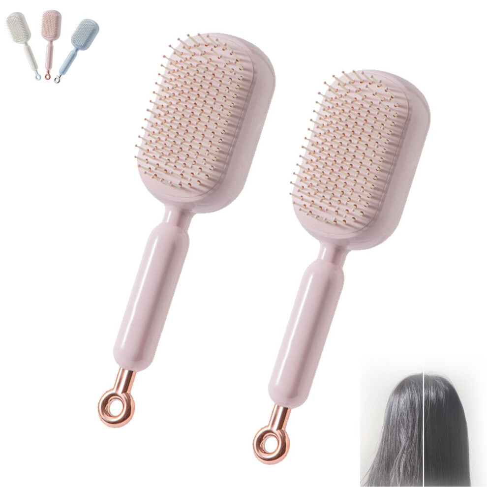 Pink Self Cleaning Detangling Hair Brush With Retractable Cushion, Anti Static Massage Comb For All Hair Types 2 Pack