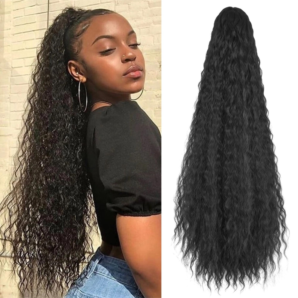 Unisex Black 28 Inch Drawstring Ponytail Hair Extension For Women, Synthetic Kinky Curly Hairpiece