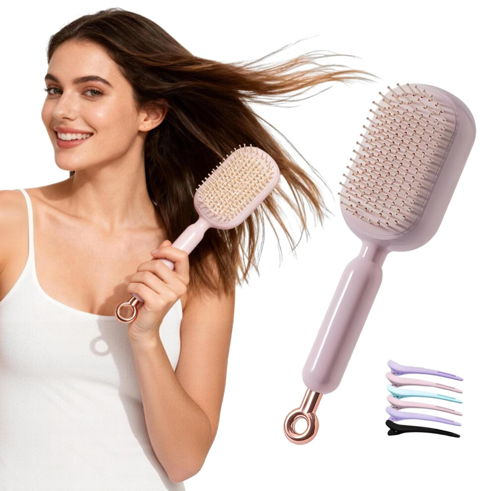 Pink Detangling Hair Brush With Selfcleaning Retractable Bristles And Air Cushion Scalp Massage For All Hair Types