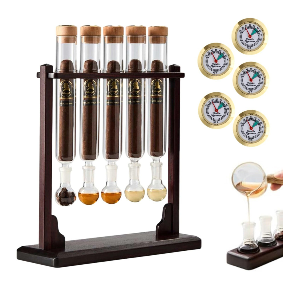Cigar Infuser Glass Tube Kit with Hygrometer, Flavor Injector Humidifier and Wooden Rack, 5Tube