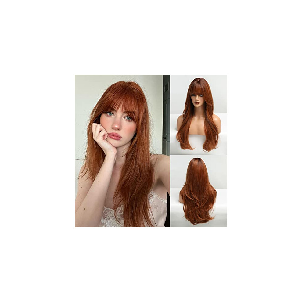 Unisex Red 26 Inch Auburn Human Hair Wig With Bangs, Long Laye Curly Style For Women, Natural Look