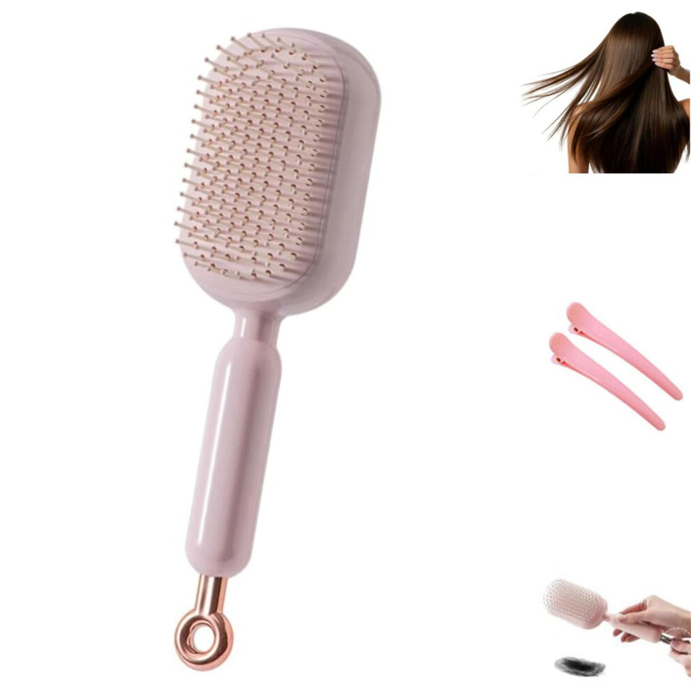 Unisex Pink Retractable Hair Brush With Cushion Massage, Antistatic Selfcleaning Widetooth Comb For Women Men Travel