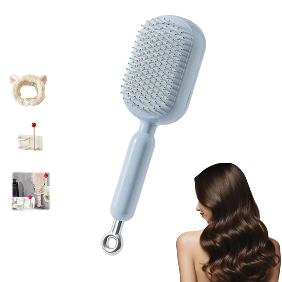 Self Cleaning Hair Detangling Brush with Retractable Cushion, AntiStatic Scalp Massage for Wet and Dry Hair, Blue