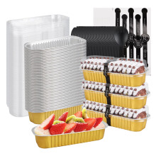 100 Pack Disposable Aluminum Foil Mini Loaf Pans 6.8oz with Clear Lids Spoons Stickers Gold