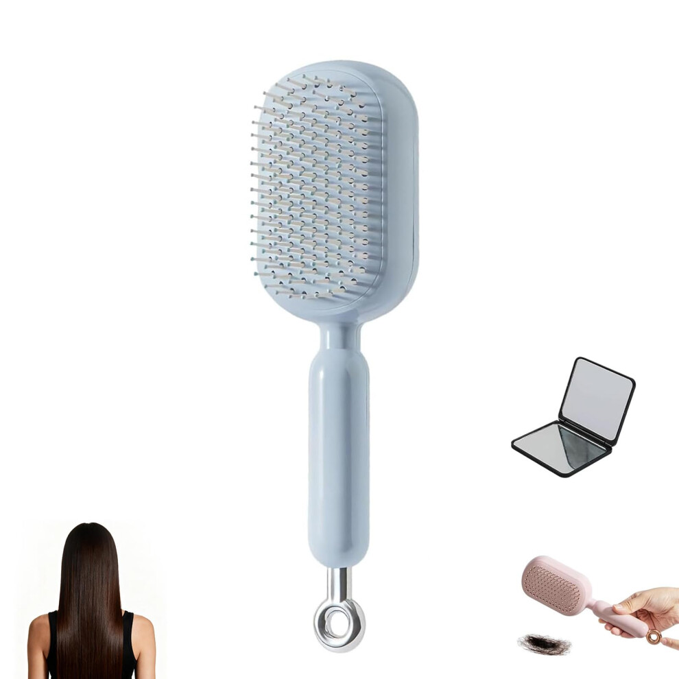 Detangling Hair Brush with Retractable Cushion and Anti Static Bristles, Self Cleaning Travel Brush Blue