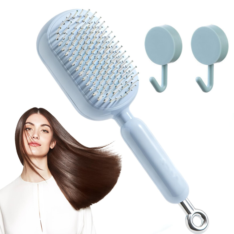 Blue Retractable Hair Brush With Self Cleaning Bristles, Antistatic Frizz Control, Gentle Scalp Massage, Compact Travel Size,