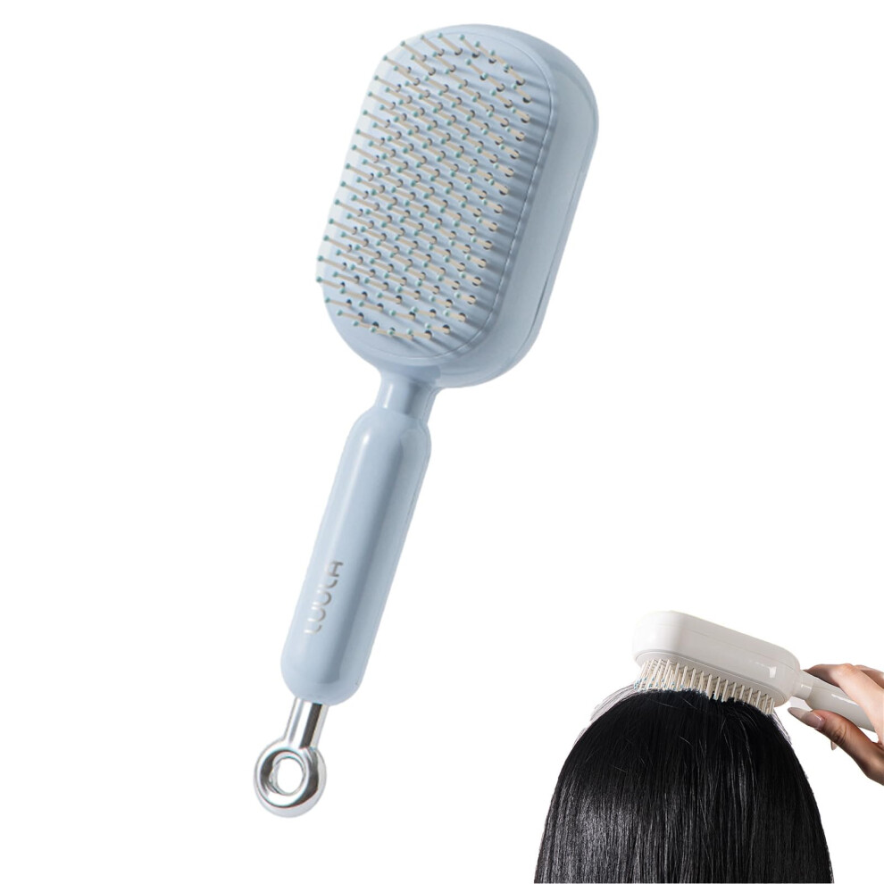 Blue Retractable Cushion Hair Brush With Easy Selfcleaning, Antistatic Scalp Massage, Travelfriendly