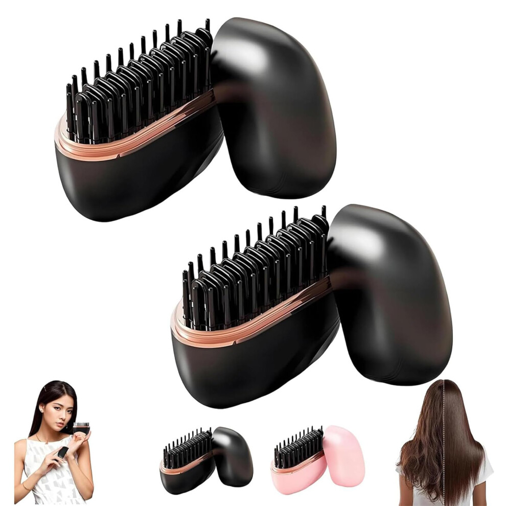 Black Mini Hair Straightener, 2In1 Cordless Hair Straightener Comb With 3 Heat Settings, 2Pcs