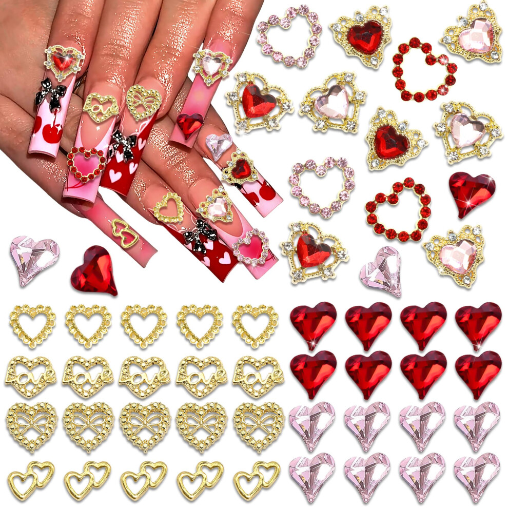 Gold/Red Valentine's Day Nail Charms Set With And Hearts, Rhinestone Nail Art Decorations 52Pcs