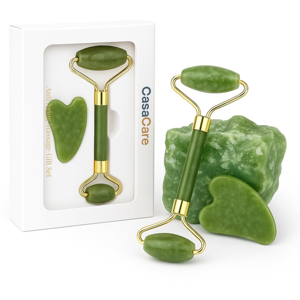 Light/Green Jade Roller And Gua Sha Set For Antiaging Massage, Lymphatic Drainage, Face And Neck Care,