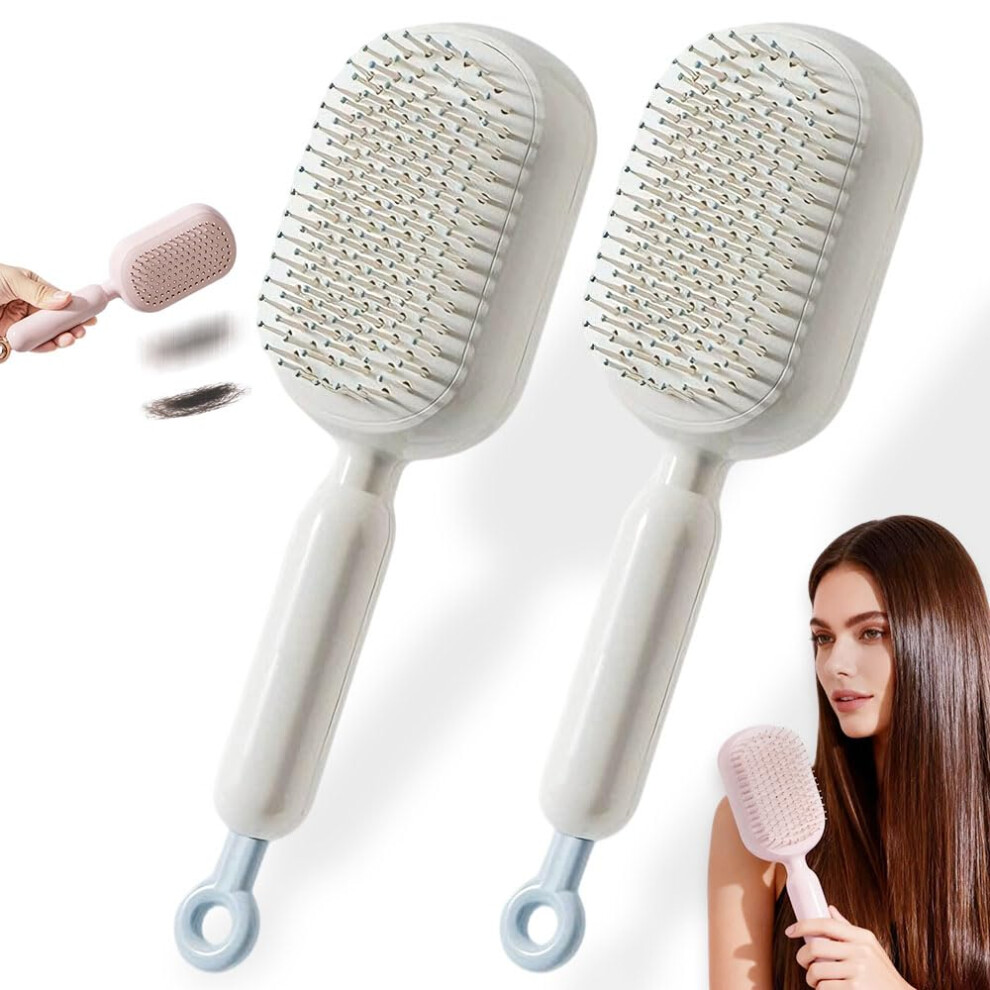 Detangling Hair Brush with Retractable Cushion, SelfCleaning Massage Hair Brush for All Hair Types 2PCS White