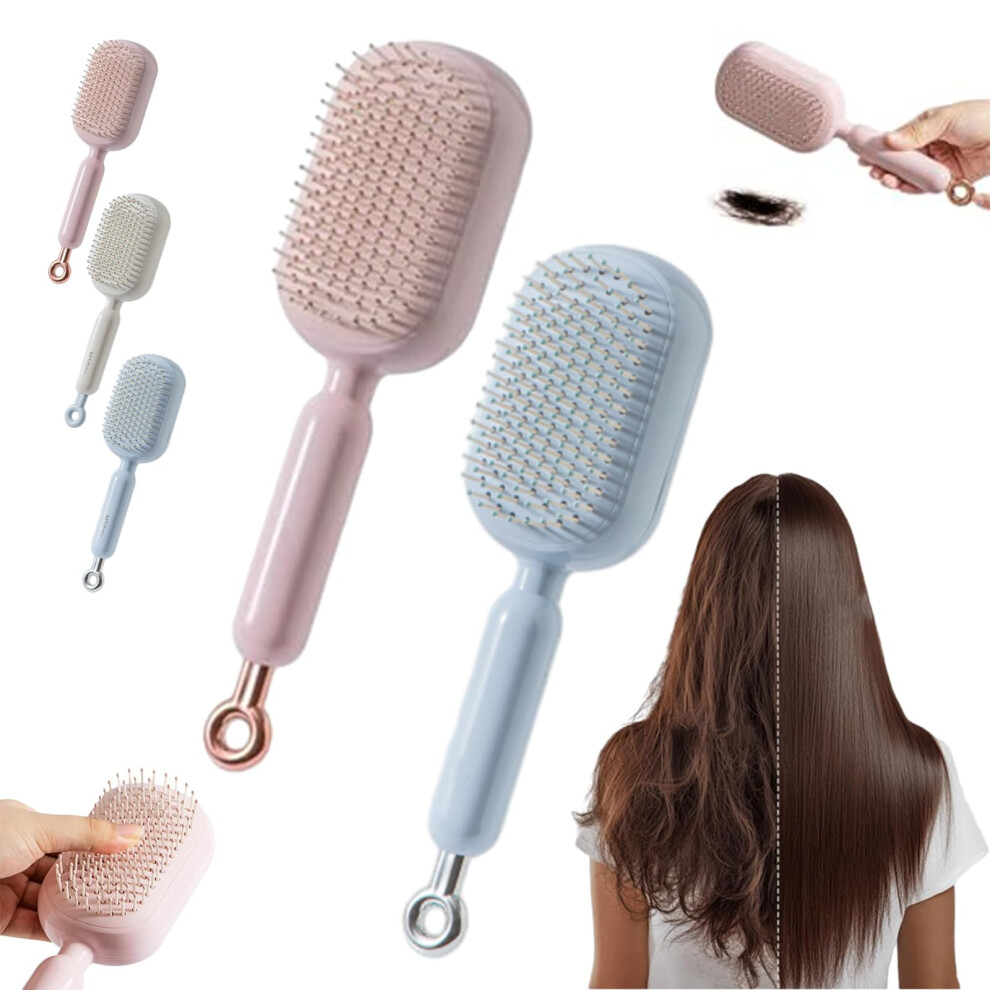 Self Cleaning Hair Brush with OneButton Retract, Gentle Detangling for All Hair Types Pink and Blue