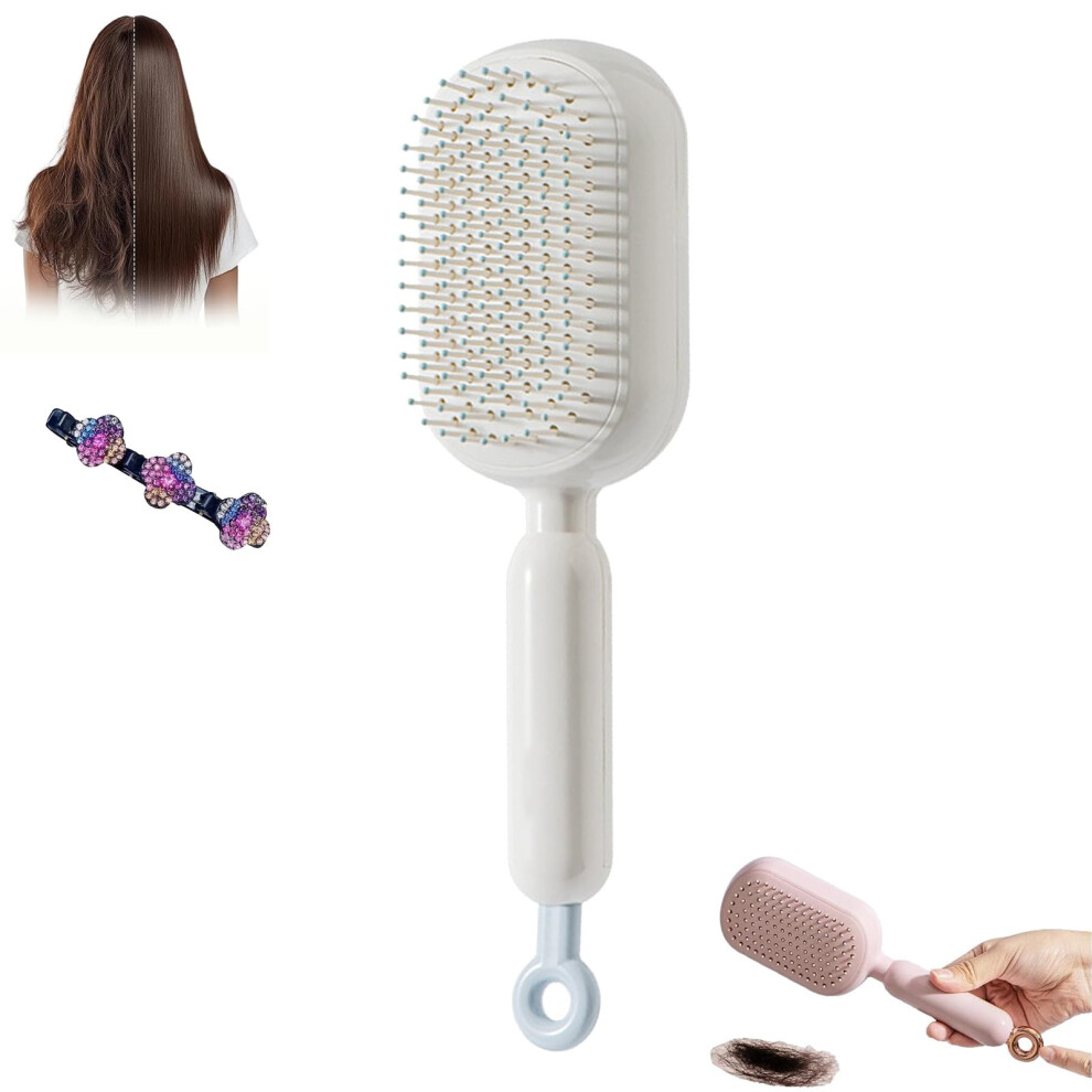 Detangling Hair Brush with Retractable Cushion, Anti Static Self Cleaning Massage Comb for Wet and Dry Hair â White