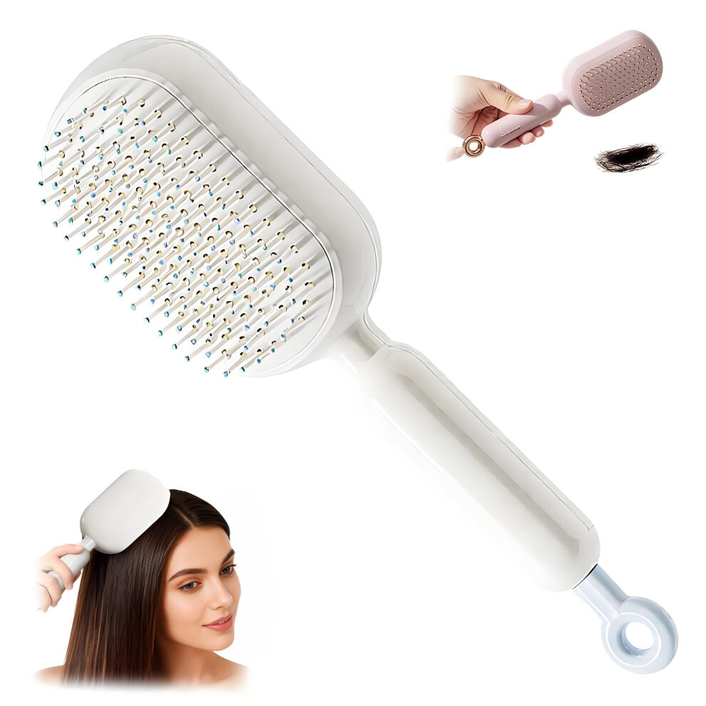 White Retractable Selfcleaning Hair Brush With Onepull Clean, Antistatic Massage Detangling Brush