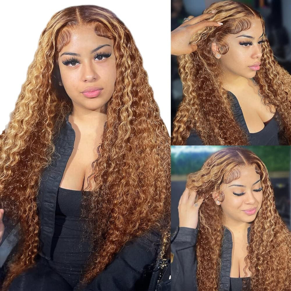28 Inch Ombre Curly Human Hair Lace Front Wig HD Lace Pre Plucked Hairline Golden Blonde 180% Density