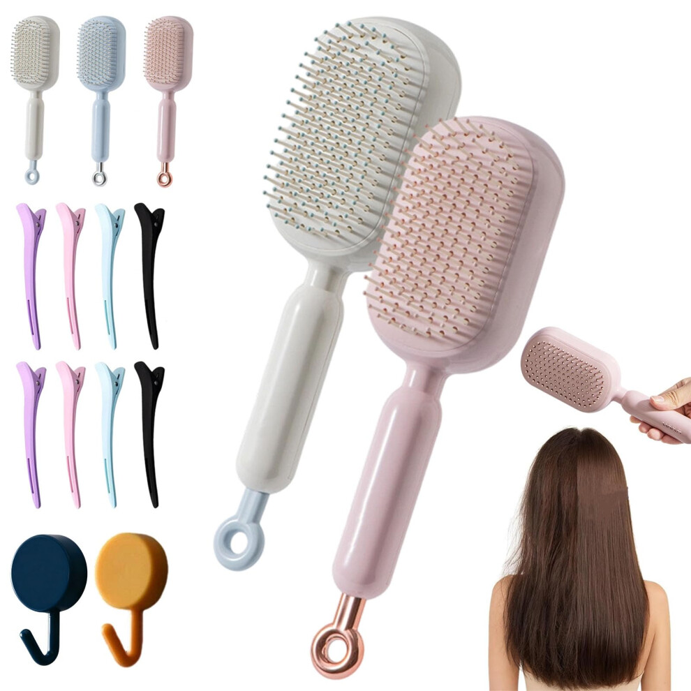 Self Cleaning Hair Brush 2PCS, Retractable Cushion Detangling Brush for Wet and Dry Use, Scalp Massage