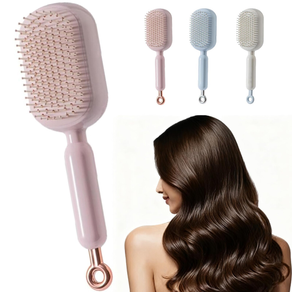 Pink Self Cleaning Detangling Hair Brush With Retractable Bristles, Antistatic, For All Hair Types