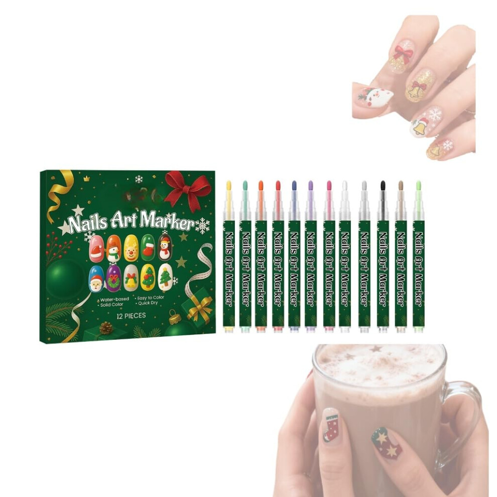 Christmas Nail Art Pens Set, 12 Vibrant WaterBased Colors, Fine Tip Markers for Holiday Manicure