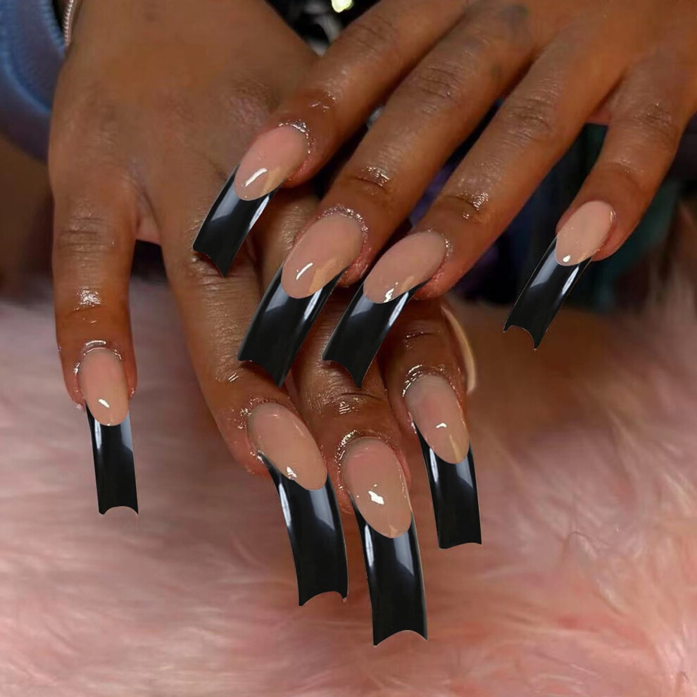 Black Extra Long French Tip Press On Nails Set Â 24Pcs Curved Acrylic False Nails With Glue