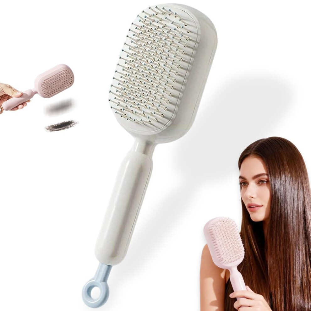 White/Pink/Blue Self Cleaning Hair Brush With Retractable Cushion, Anti Static Detangling Massage Comb For Women