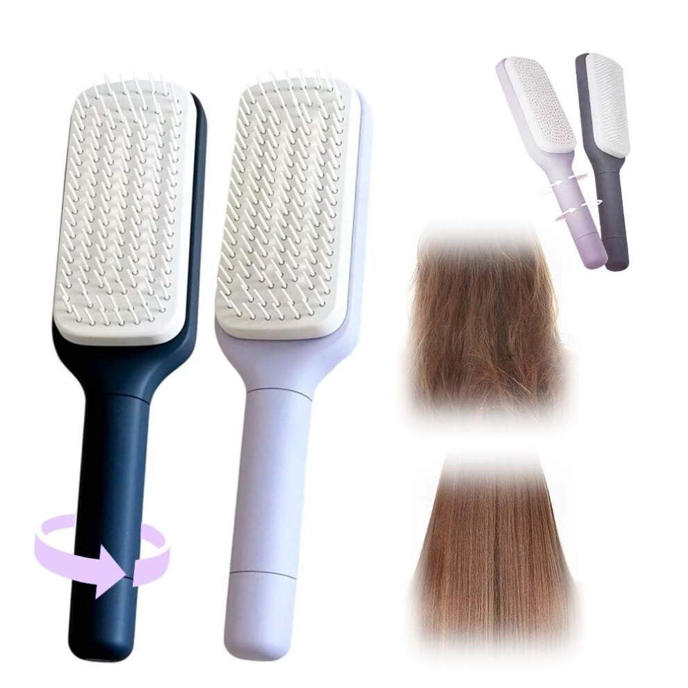 Self Cleaning Hair Brush with Retractable AntiStatic Bristles for Travel and Scalp Massage, Blue+Purple