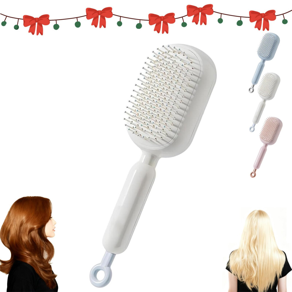 White Detangling Self Cleaning Hair Brush With Retractable Cushion And Gentle Scalp Massage Â