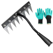 Garden Weeding Rake Carbon Steel 8Tooth Manual Lawn Care Tool with Detachable Replaceable Blades