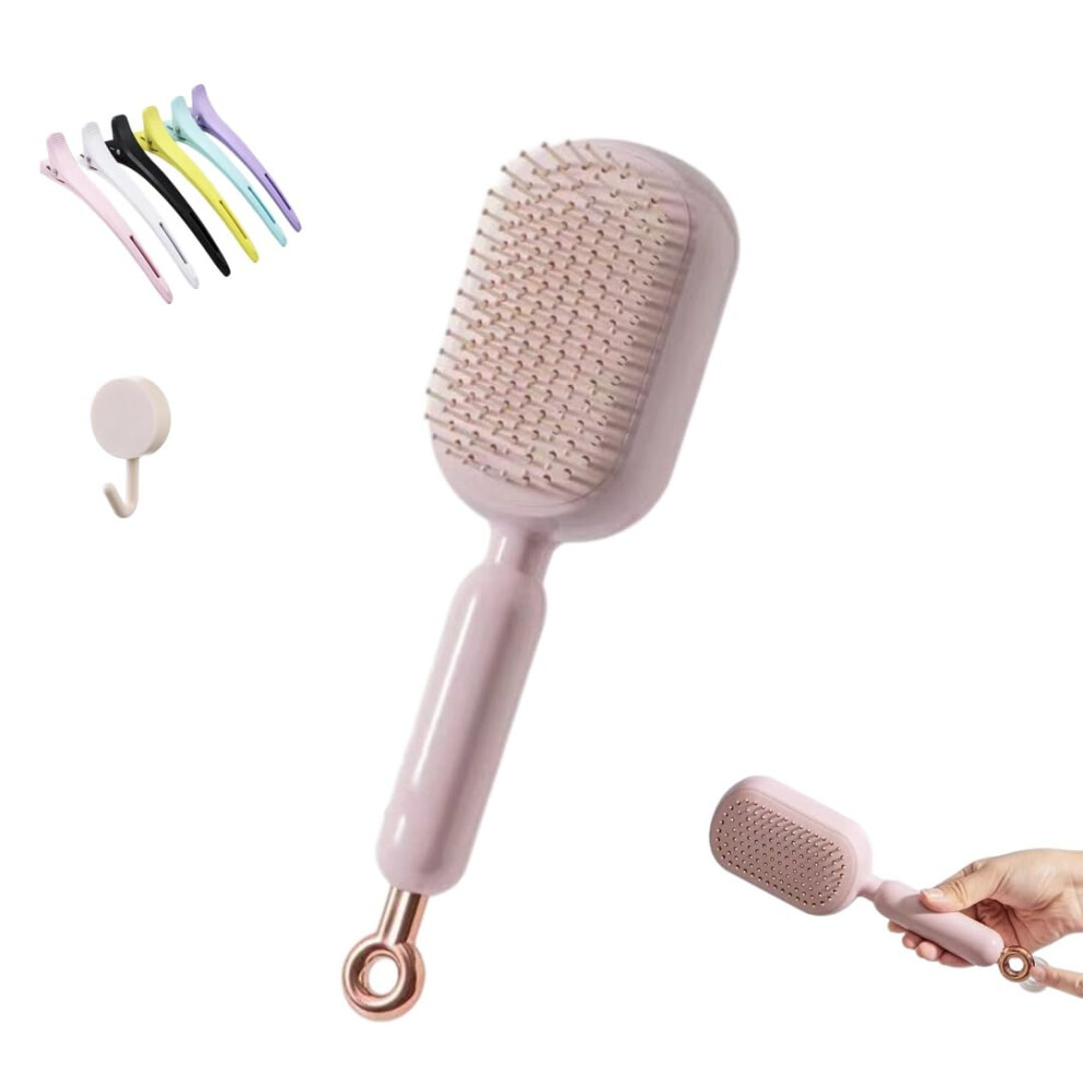 Self Cleaning Hair Brush with Wide Surface Detangling and Scalp Massage, Pink AntiStatic Comb for Women Travel