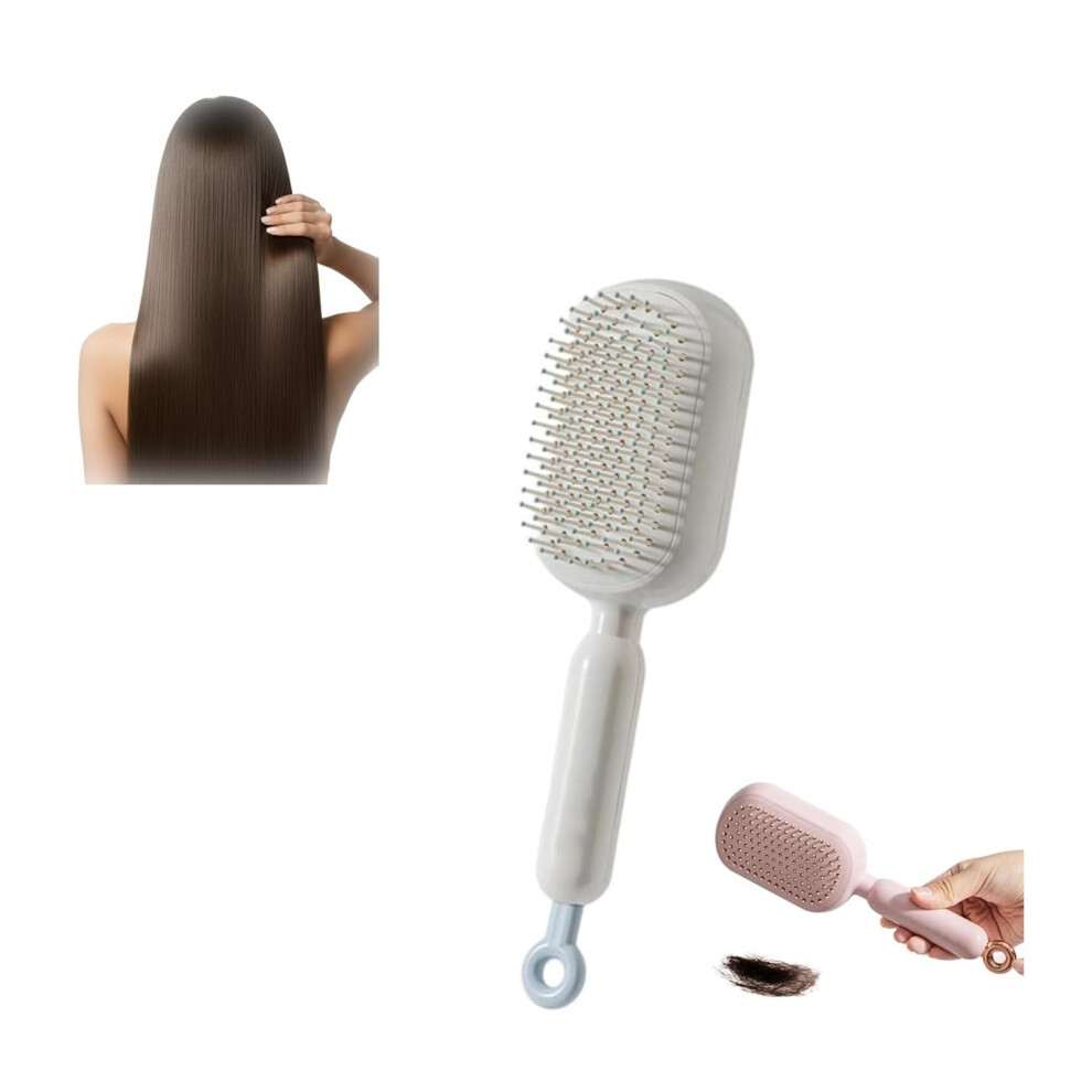 White Hair Detangling Brush With Antistatic Cushion, Retractable Handle, Selfcleaning For Travel