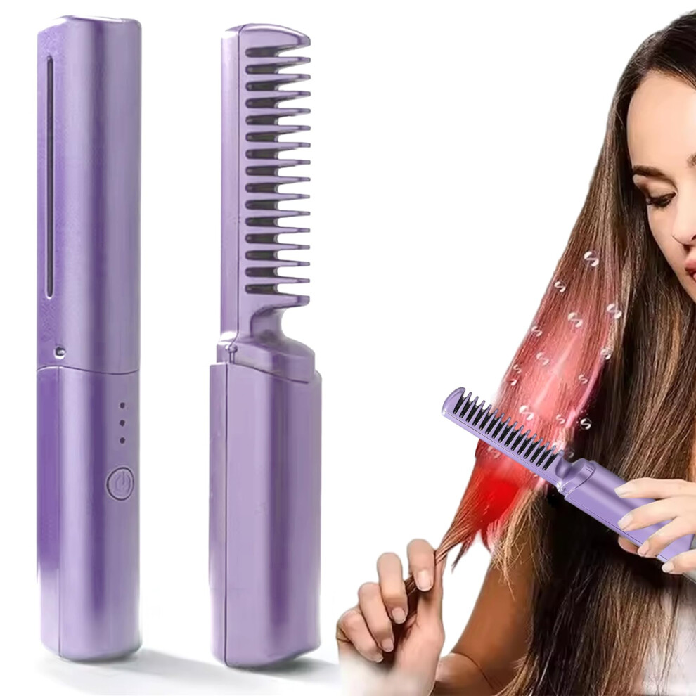 Purple Cordless Hair Straightener Brush 2 In 1 Usb Rechargeable Ceramic Comb For Smooth Frizz Hair