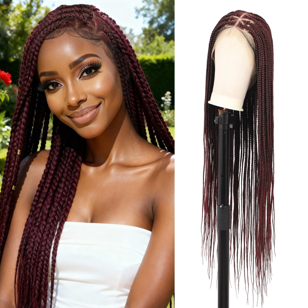 36 Inch Burgundy HD Full Lace Knotless Box Braid Wig with Baby Hair, Natural Hairline