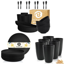 Wheat Straw Dinnerware Set 34pcs Microwave Safe Unbreakable Plates Bowls and 20oz Cups for 4 Black