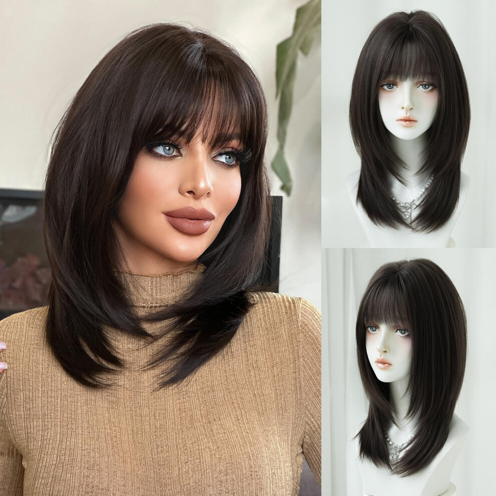 Unisex Black Long Straight Human Hair Wig With Layered Bangs Tea Color Natural Glueless Tangleresistant