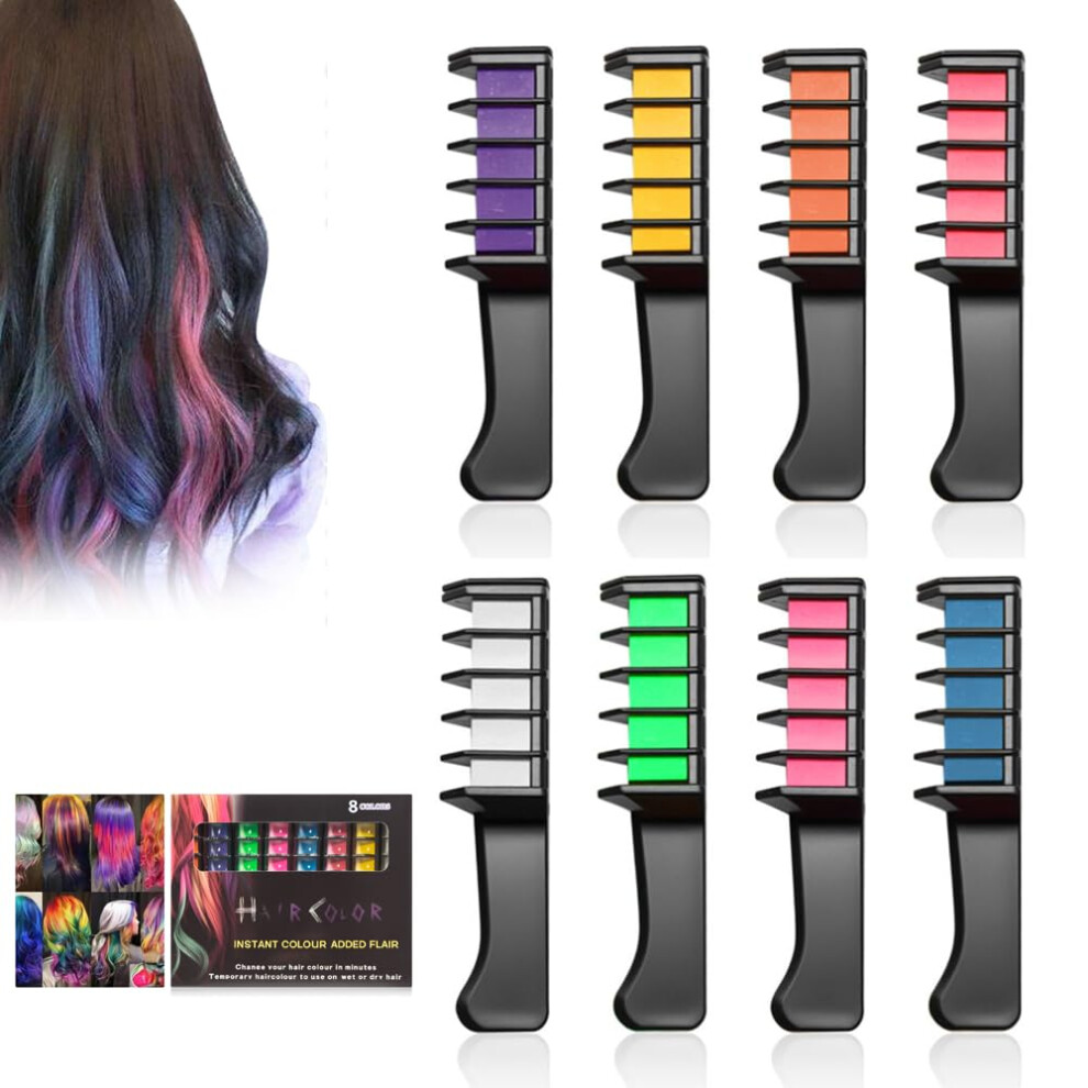 Hair Chalk Combs Washable Temporary Hair Color Dye, 8 Vibrant Shades for Kids and Adults Festival Party