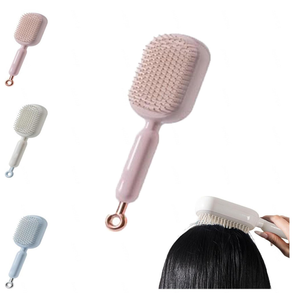 Retractable Hair Brush with SelfCleaning Bristles and Cushion Massage for All Hair Types, Pink