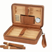 Leather Travel Cigar Humidor with Hygrometer, Cedar Wood Interior Holds 6 Cigars, Gift for Men