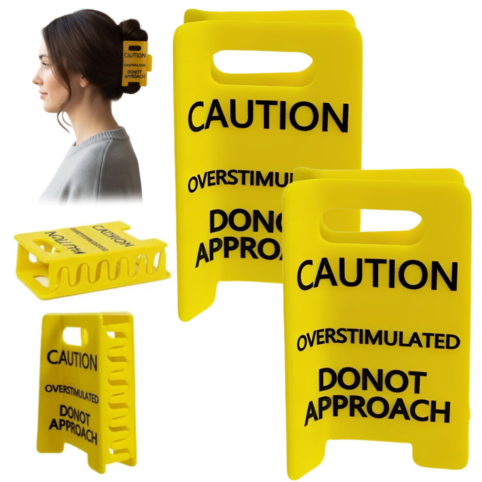 Unisex Yellow Hair Claw Clip With Caution Overstimulated Sign, Pvc Springloaded Clamp For Secure Hair Grip, 2Pcs