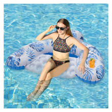 Inflatable Pool Float with Cup Holder, Dual Chamber Leaf Lounge Chair for Adults, Maple Leaf Blue