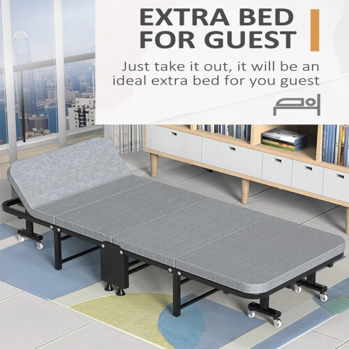 Portable Folding Guest Bed Adjustable Single Sleeper Bed with Mattress & Wheels 2
