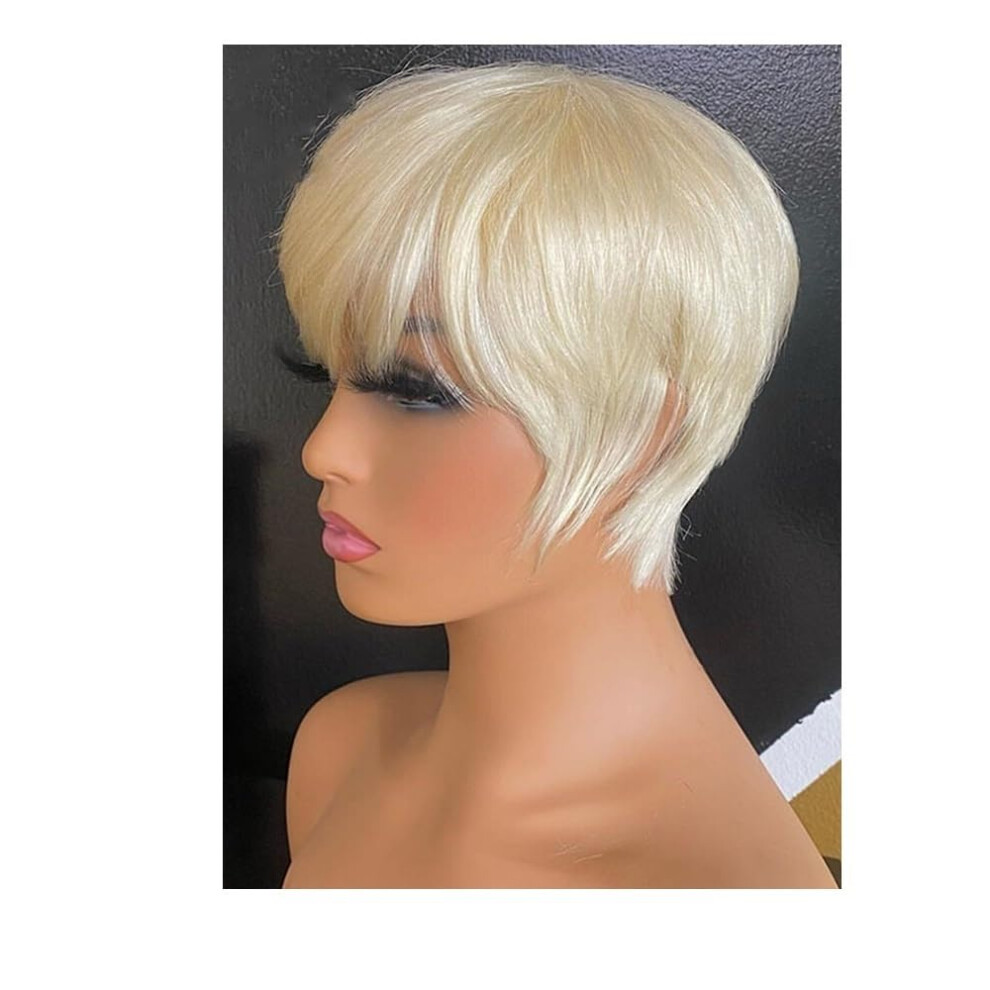 Unisex Black 613 Blonde Pixie Cut Human Hair Wig With Bangs, Short Bob Glueless Style For Women