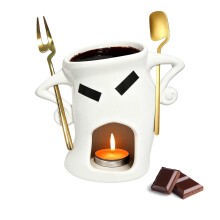 Mini Chocolate Fondue Set with Forks Spoons and Candle, White Ceramic Pot for Cheese and Chocolate