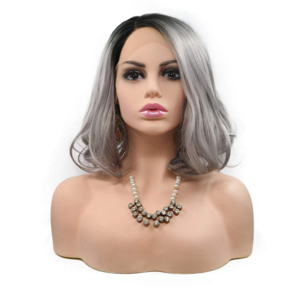 Ombre Grey Lace Front Short Bob Wig with Black Roots, Heat Resistant Natural Hairline for Women