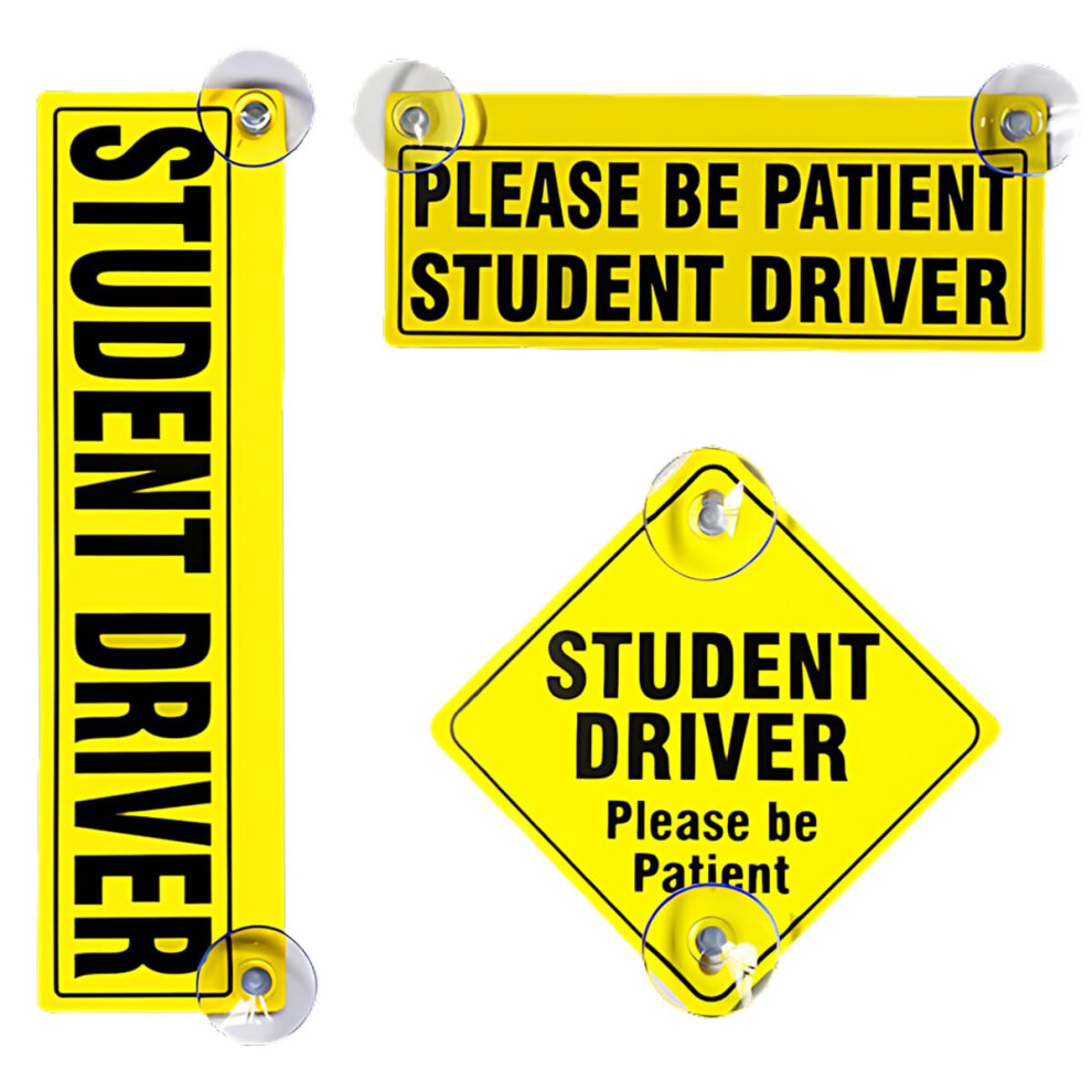 Student Driver Sign 3Pcs Visibility Beginner Car Sticker With Reusable Suction Cup Yellow 9070919705076