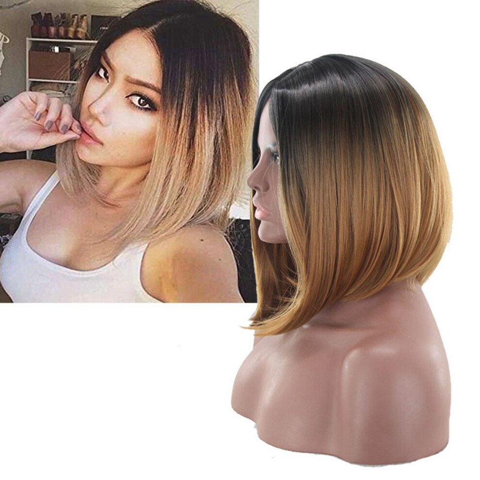 Unisex Golden Gradient Short Straight Wig Heat Resistant Synthetic Fiber With Breathable Mesh Cap
