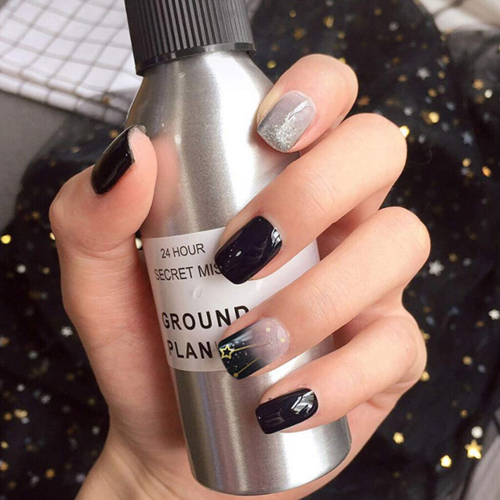 Black Glossy Press On Toenails With Star Shimmer Ombre Full Cover Fake Toenails Set 24Pcs