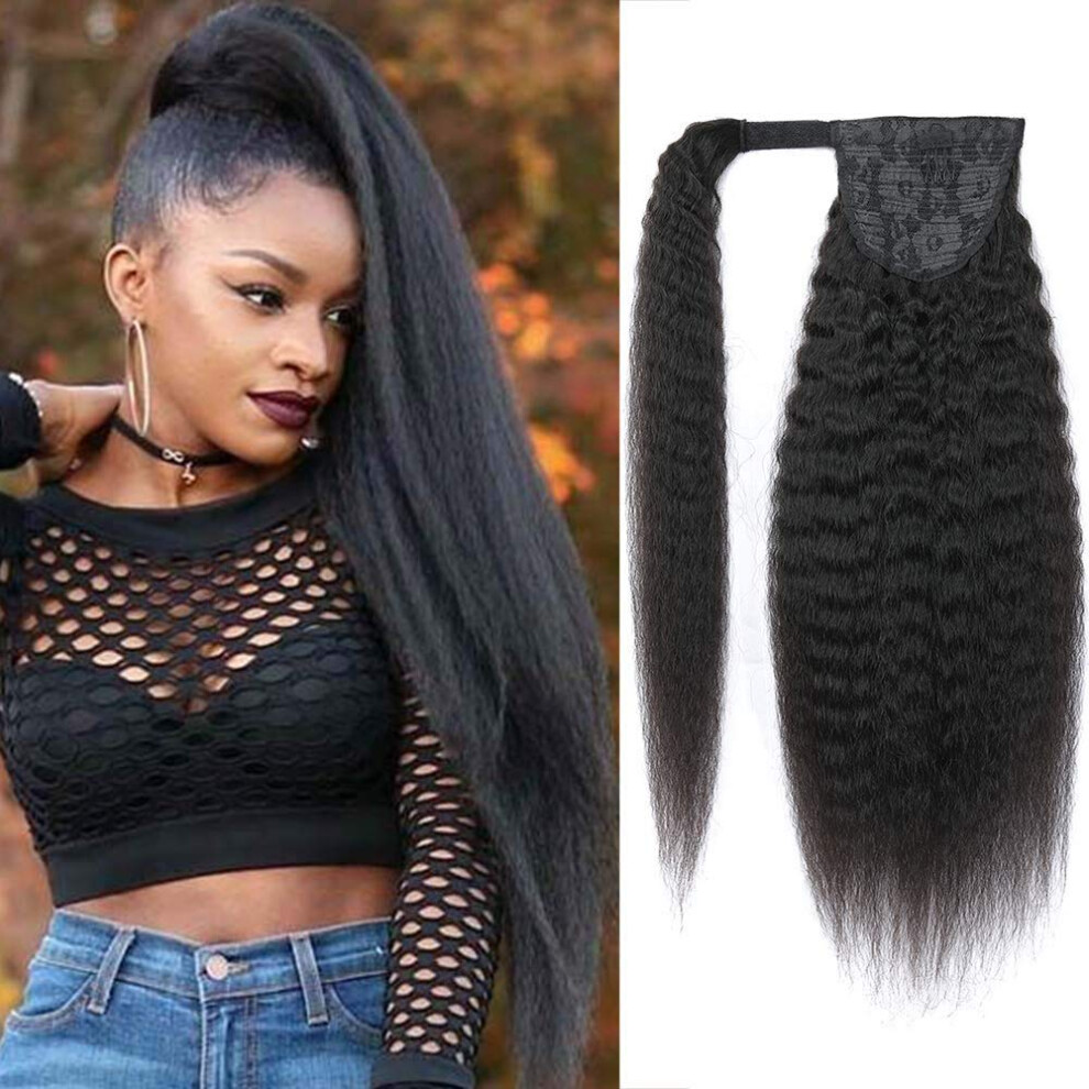 Unisex Human Hair Ponytail Extensions Kinky Straight 12 Inch 1B Wrap Around Clip In For Instant Volume