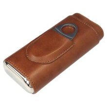 Leather Cigar Case Cedar Lined Travel 3 Finger Holder with Cutter Humidity Control Storage