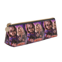 Bride of Chucky Triangle Pen Pouch, Black Leather Pencil Holder with Zipper, Portable Case for Pens, Markers, Makeup, Coins - White