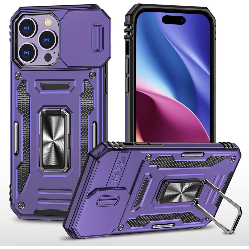 Phone Case For Iphone 14 Pro With Camera Cover, Kickstand & 360 Rotating Magnetic Ring - Purple 9377112394091