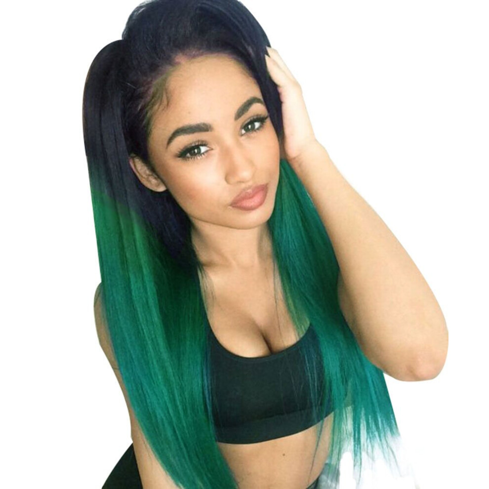 Ombre Green Lace Front Wig 26 Inch Black to Green Straight Glueless Heat Resistant Synthetic
